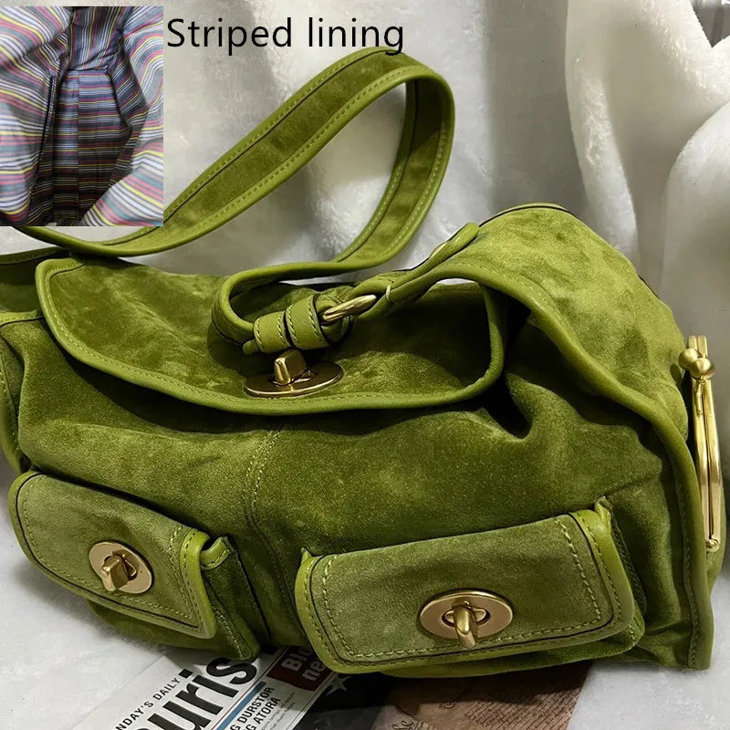 Casual Commuter Large Capacity Suede Pillow Bag Single Shoulder Crossbody Bag Vintage Style Polyester Lining Zipper Closure