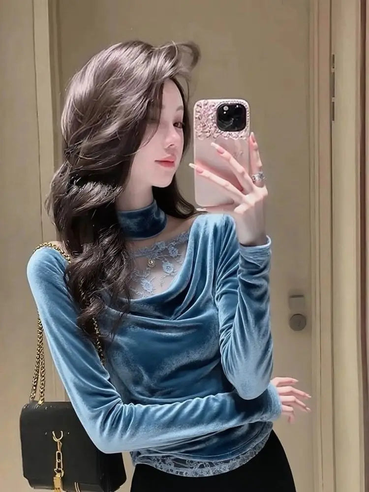 Elegant Blue Velvet Lace Trim Slim Fit Blouse For Women