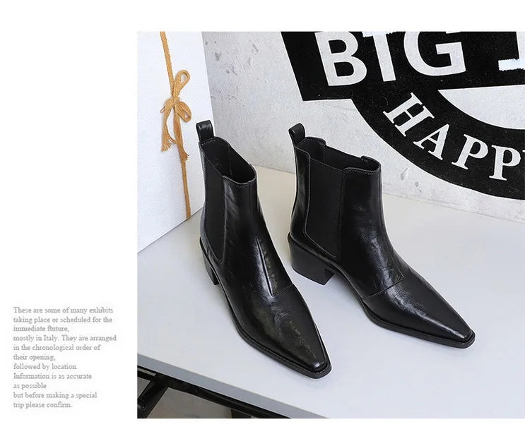 Black Pointed Toe Block Heel Ankle Boots