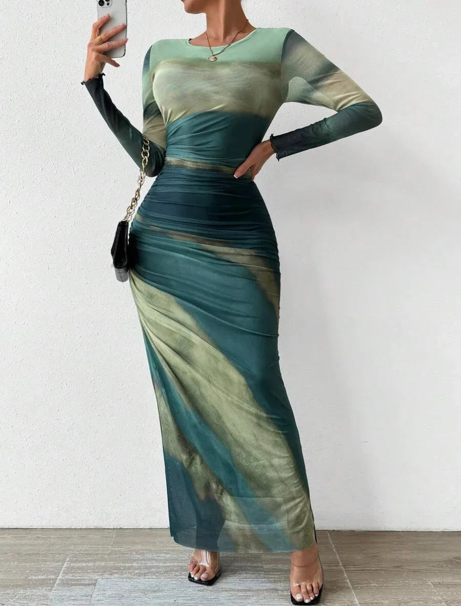 High Waist Dresses for Woman Fashion Printed Sexy Tight Fitting Slit Round Neck Dress Long Sleeves Skirt Streetwear Autumn 2024