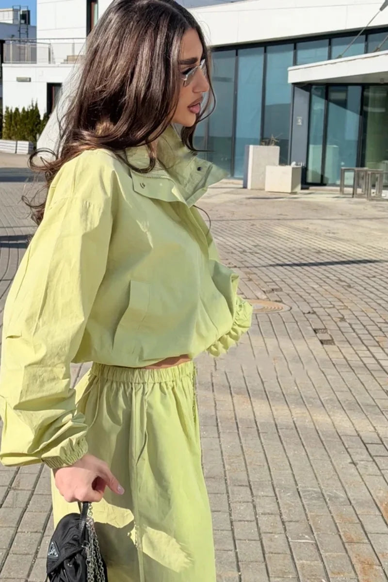 Lace Up Stand Collar Wide Leg Two Piece Set for Women