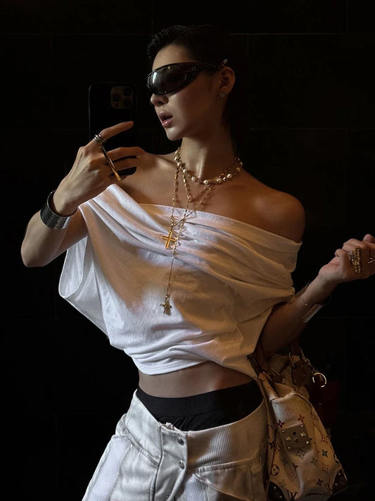 Weird Puss One Shoulder Crop Tops Women Folds Skinny Loose Summer Korean Style Simple Classic Casual Street Daily Harajuku Tops