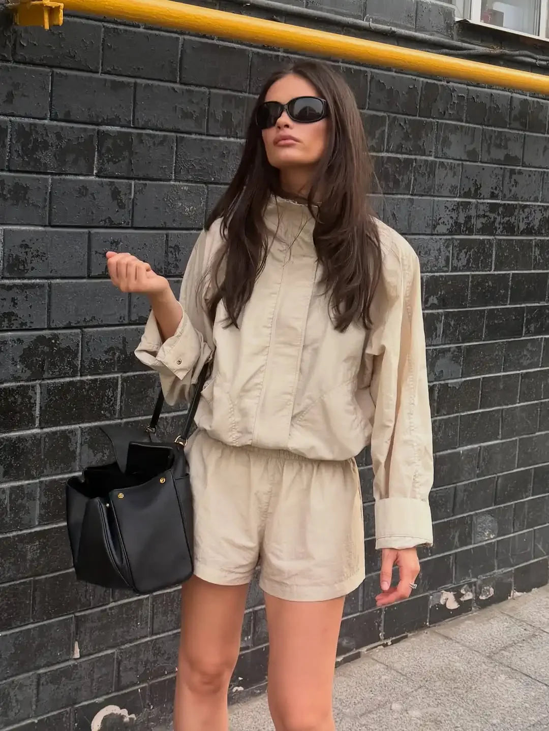 Loose Fit Zip Up Windbreaker Jacket and Shorts Set for Women