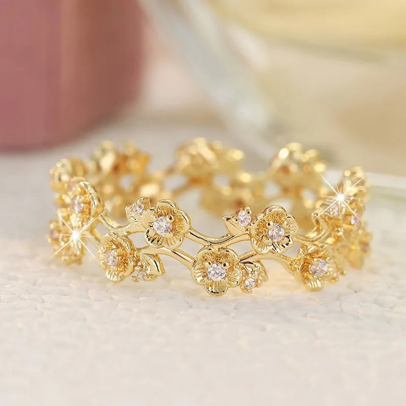 White CZ Flower Cocktail Ring With Gold Tone