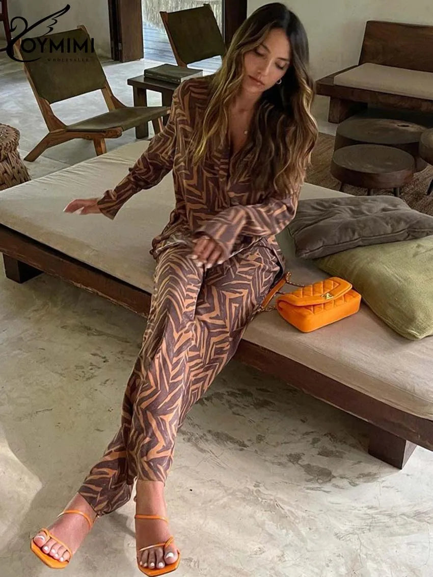Oymimi Casual Brown Print Sets Womens 2 Piece Elegant Long Sleeve Button Side Slit Shirts And High Waisted Straight Trousers Set