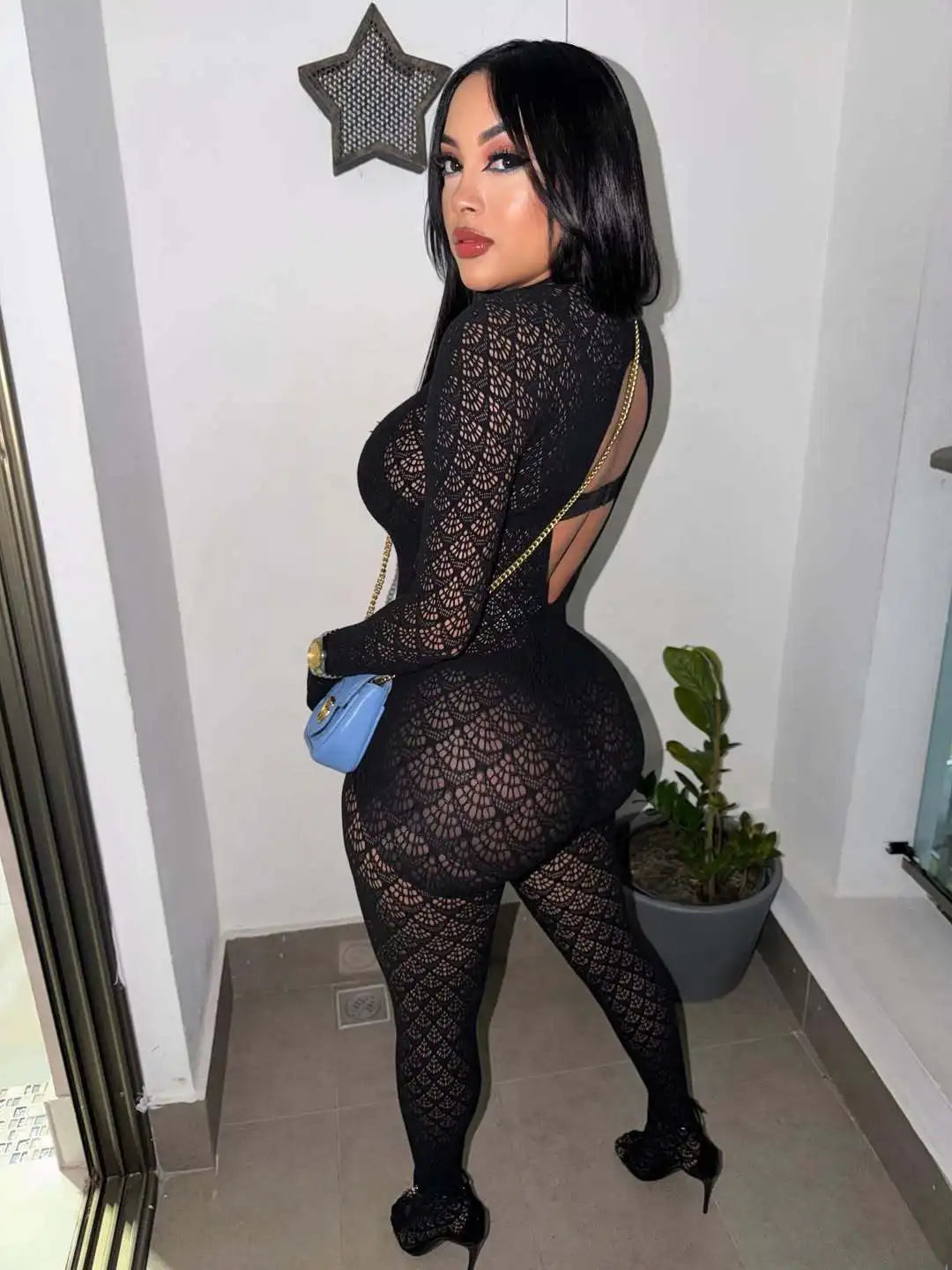 See Through Lace Hollow Out Patchwork Bodycon Jumpsuit for Women