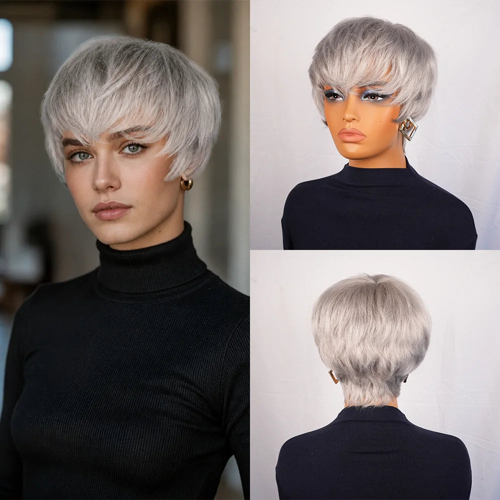 Grey Pixie Cut Human Hair Wig With Bangs For Women