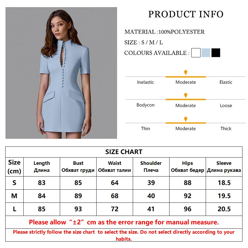 Elegant Slim Fit Stand Collar Short Sleeve Mini Dress for Women