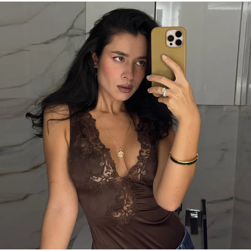 Slim Fit Backless Lace Patchwork Bodysuit For Women