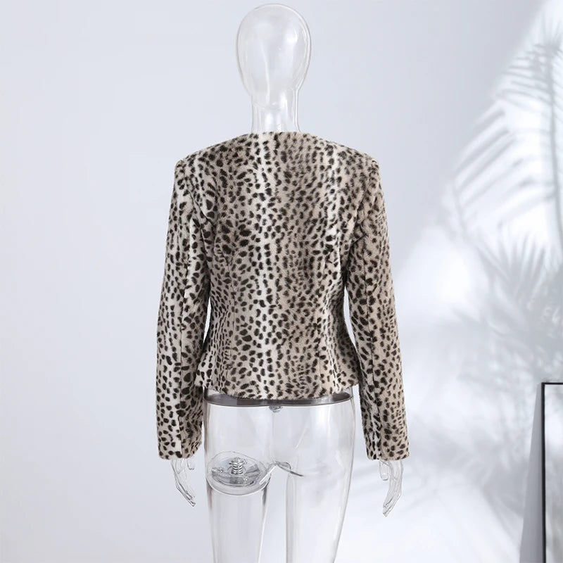 Leopard Print Faux Fur Single Breasted Crop Jacket for Women