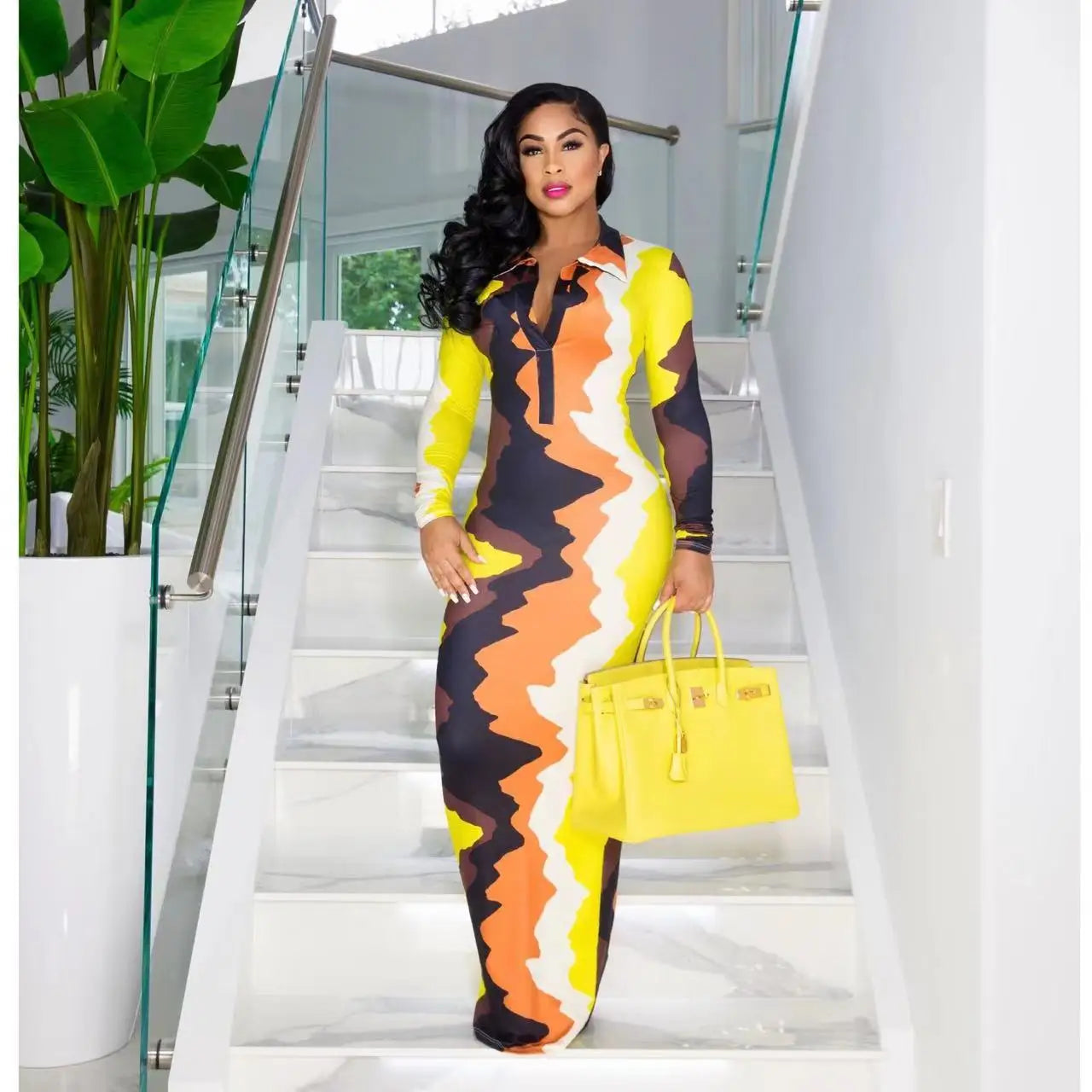 CM.YAYA Women Tie Dye Wave Long Sleeve Button Turn-down Collar Midi Maxi Long Dress Autumn Winter Party Evening Bodycon Dresses