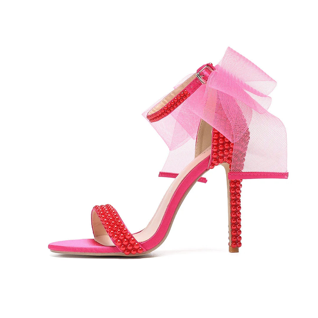 Elegant Pearl Beaded Mesh Bowknot Sandals for Women