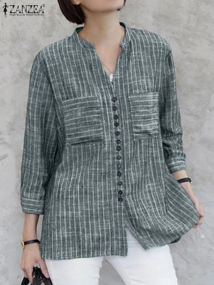 ZANZEA Fashion Stripe Printed Shirt Summer  3/4 Sleeve V-Neck Blouse Female Casual Blusas Mujer Woman Elegant Loose Korean Tops