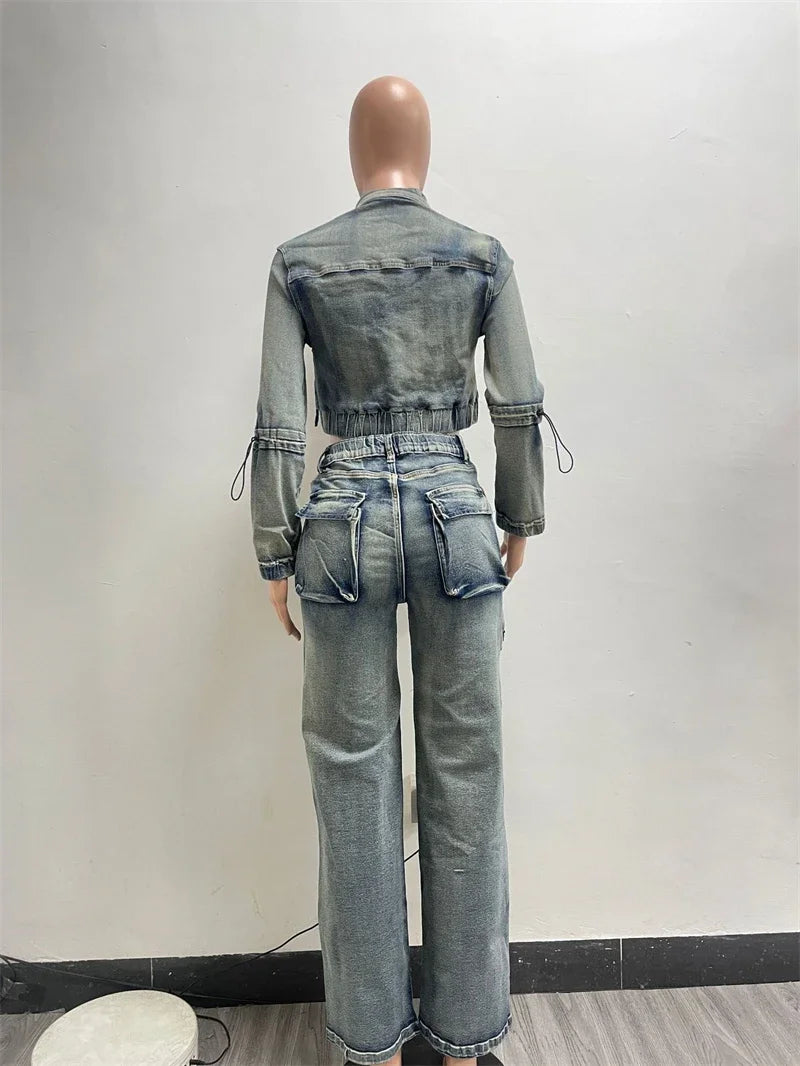 Streetwear Denim Crop Top And Cargo Pants Set for Women