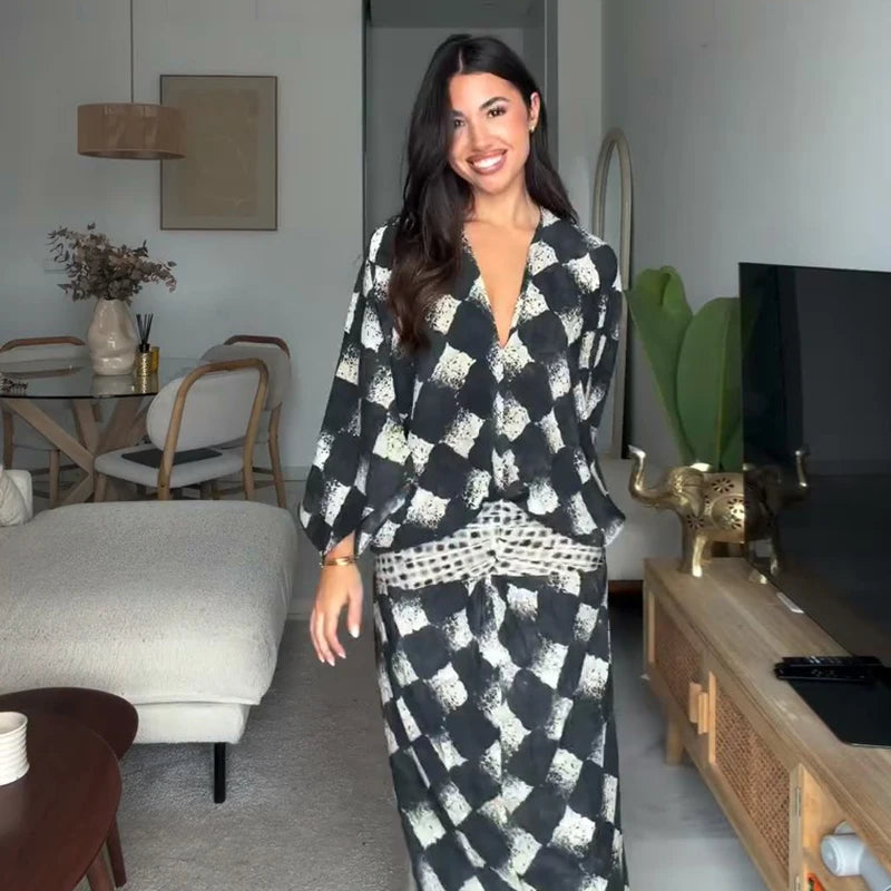 Casual Patchwork Print V Neck Maxi Dress for Women