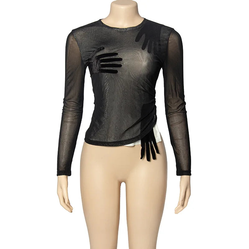 Velvet Patchwork See Through Mesh Long Sleeve Top for Women