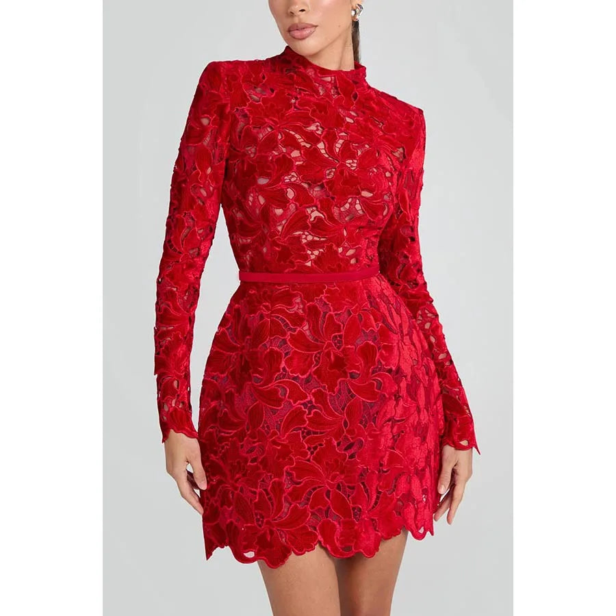 Long Sleeve Simple Elegant Mini Dress, Women Spring Autumn O Neck Sweet Party Dress, Solid Patchwork Hollow Ladies Dress