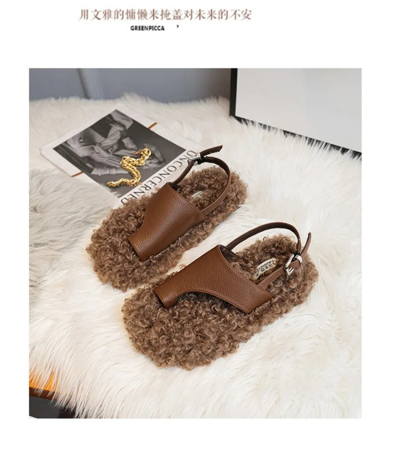 Cozy Plush Buckle Strap Flat Toe Slippers for Women
