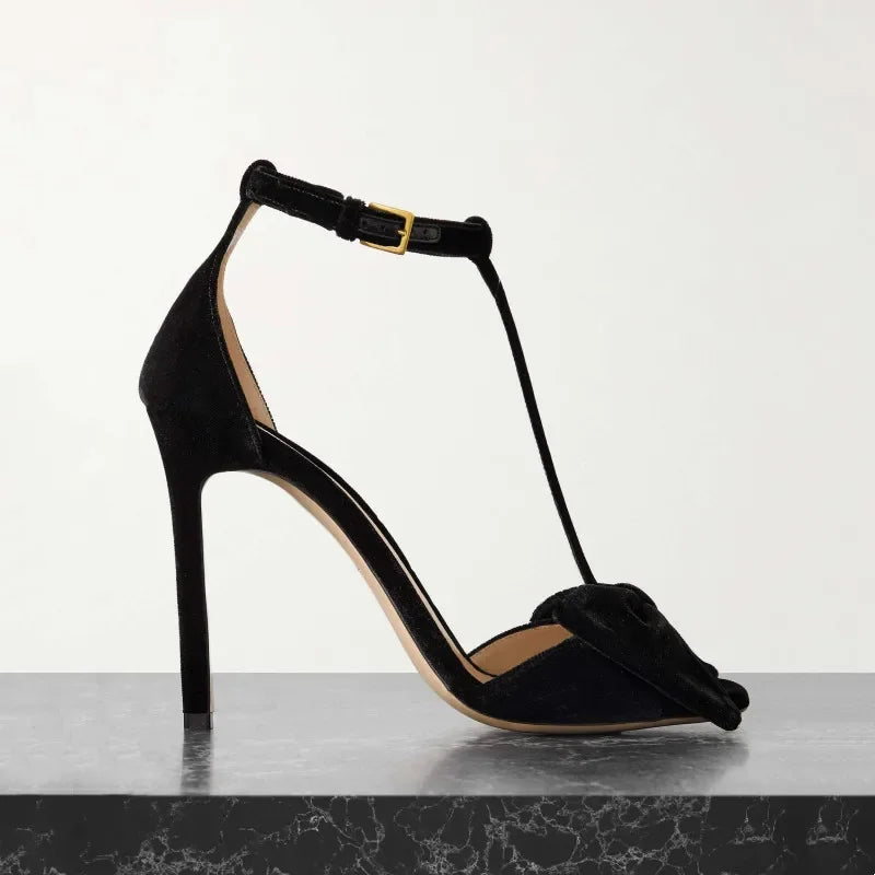Velvet Bowknot Stiletto Sandals with Ankle Strap for Women