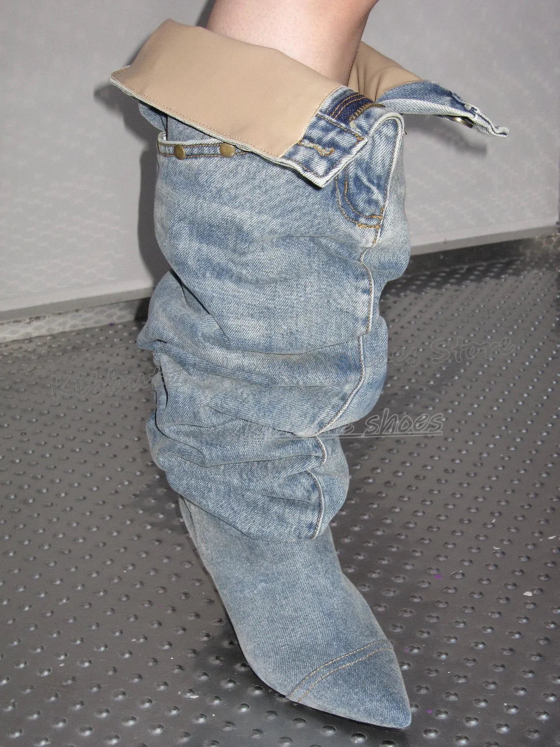 Pocket Over The Knee Boots Denim Cloth Slip-On Bottom Solid Color Novelty Fashion Concise Sexy Hot Girls Shoes Pointy Thin Heels