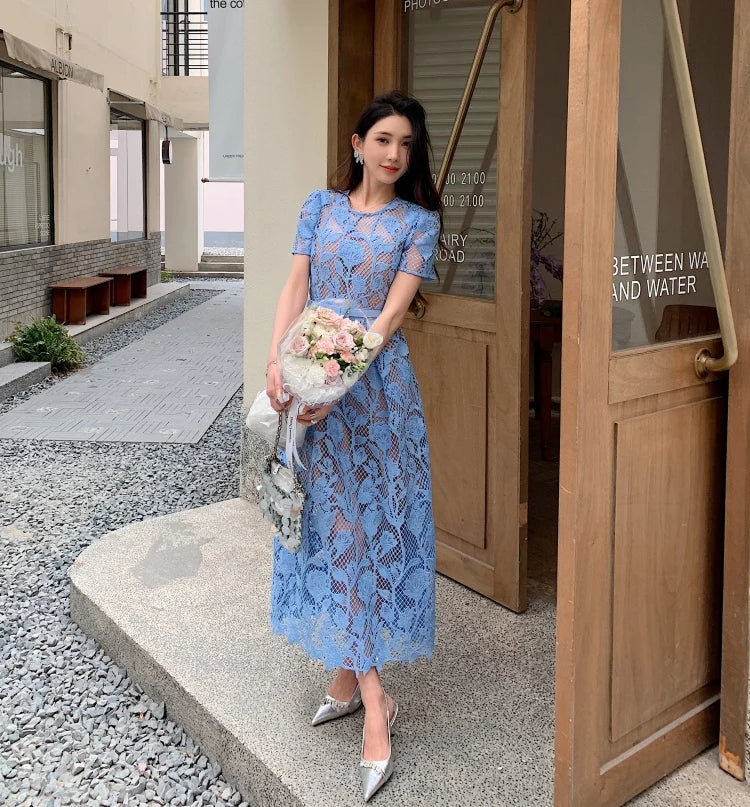 High-end Blue Heavy Lace Hollow Round Neck Short Sleeve Women's Summer Dresses New Elegant High Waist Slim Long Party Dress