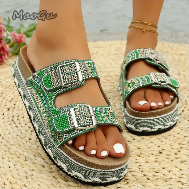 Bohemian Rhinestone Embroidered Platform Sandals For Women