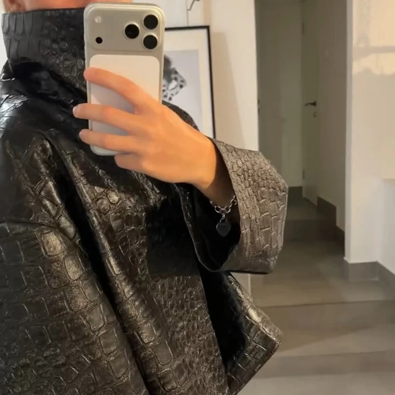 Retro Snake Print Faux Leather Cropped Jacket for Women
