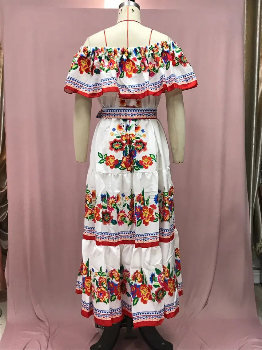 Floral Print Off Shoulder High Waist Dress for Women