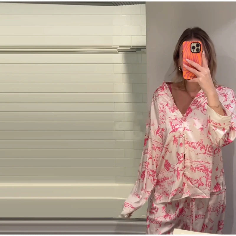 Casual Print Blouse and Wide Leg Pants Set for Women