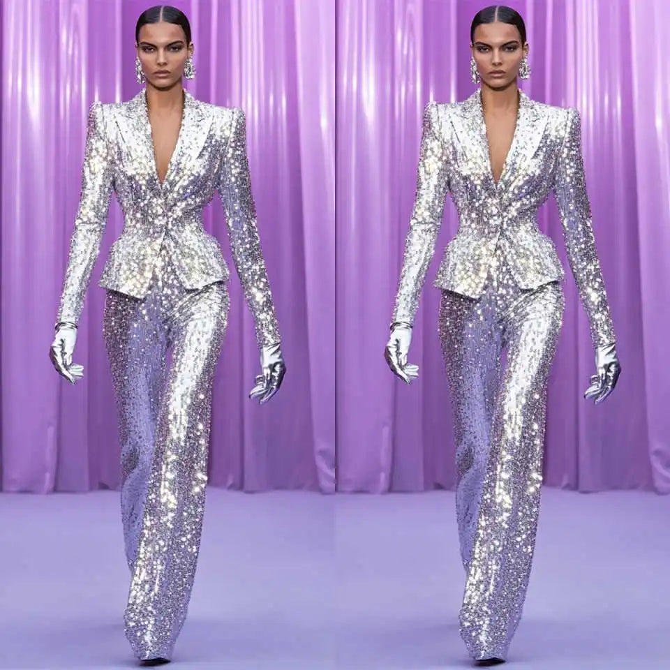 Glam Beaded Satin Elegant Prom Two Piece Pants Set for Women