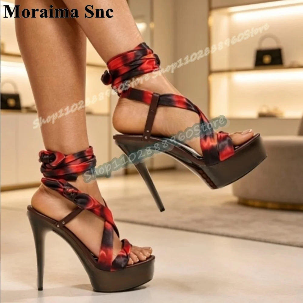 Gradient Color Lace Up High Platform Sandals for Women