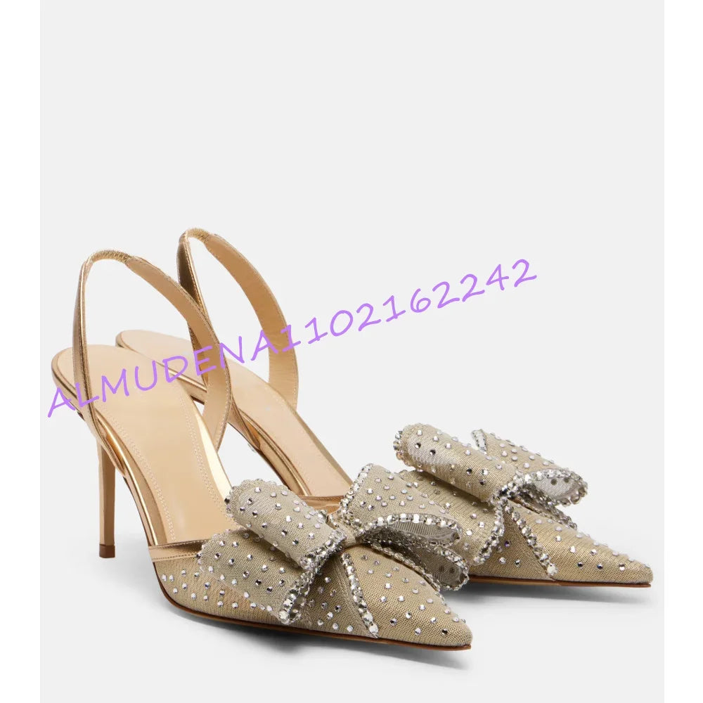 Rhinestone Bow Pointed Slingback Stiletto Heels for Women