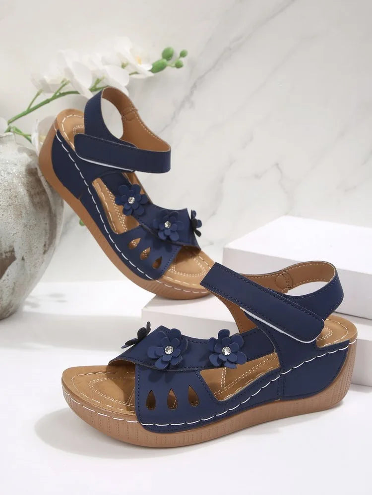 Modern Floral Buckle Wedge Sandals