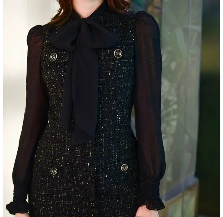 Fashion Dresses for Women Latest 2024 Autumn Winter Skirt Elegant Button Tie Neck Sheer Mesh Patch Frill Hem Shirred Midi Dress