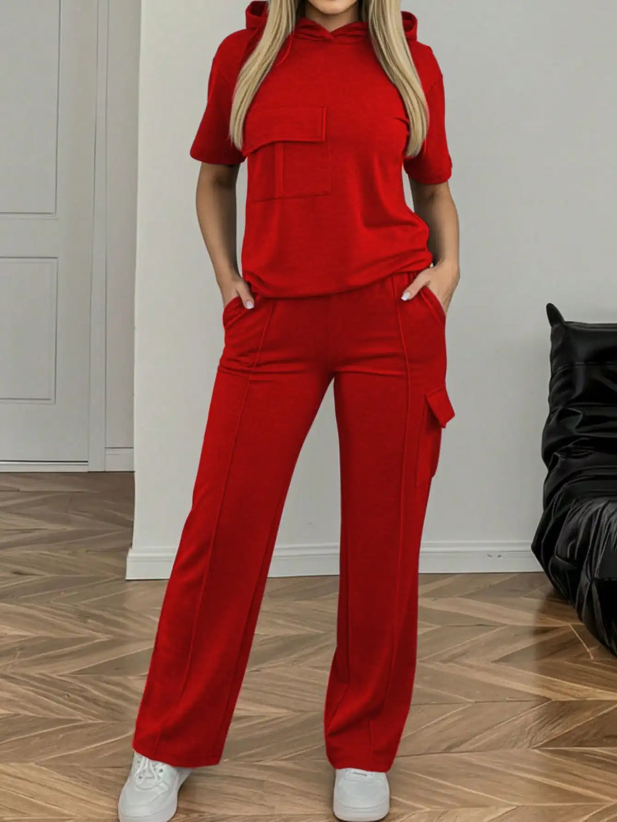 Summer Women's Suit New Style Casual Comfortable Solid Color Hooded Short-Sleeve Top with Versatile Elastic Waist Pocket Straight-Leg Pants Women's Two-Piece Set
