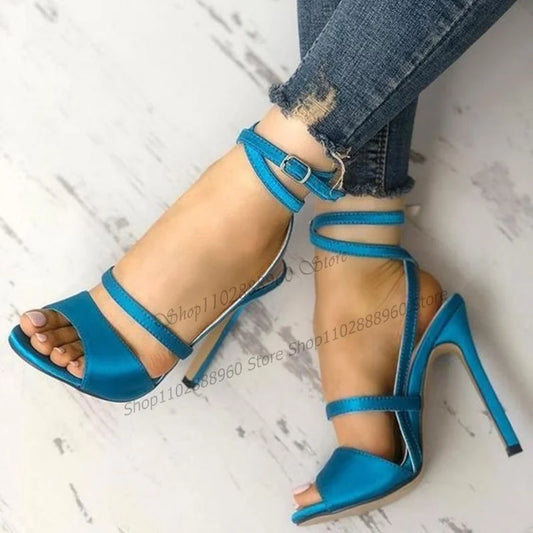 Blue Satin Peep Toe Sandals