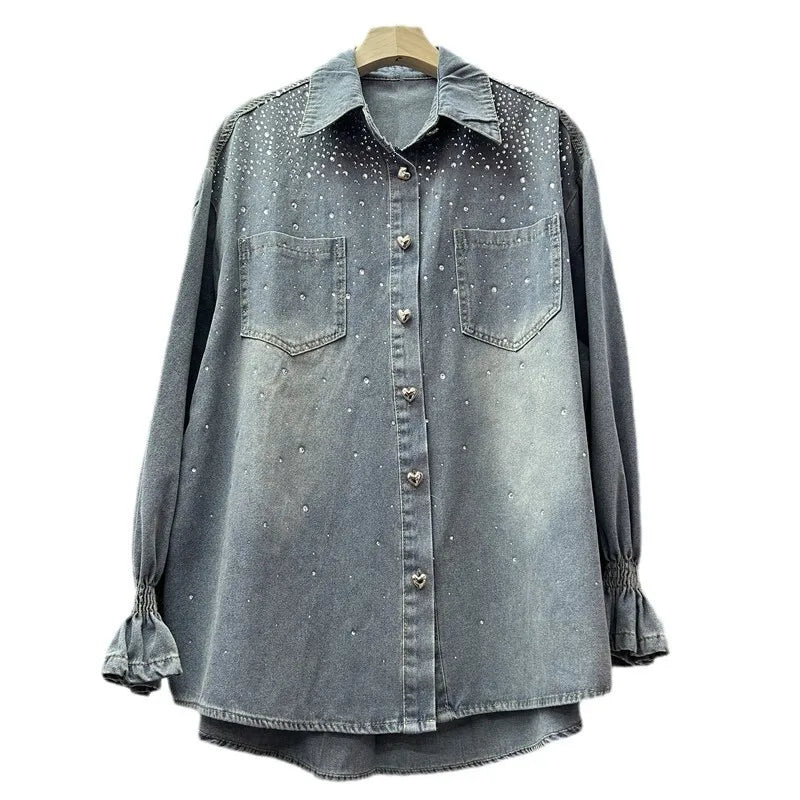 ANJY Autumn New Women Ins Shirt Studded Diamonds Distressed Denim Coat Pockets Single Breasted Elegant Vintage Casual Tops A9973