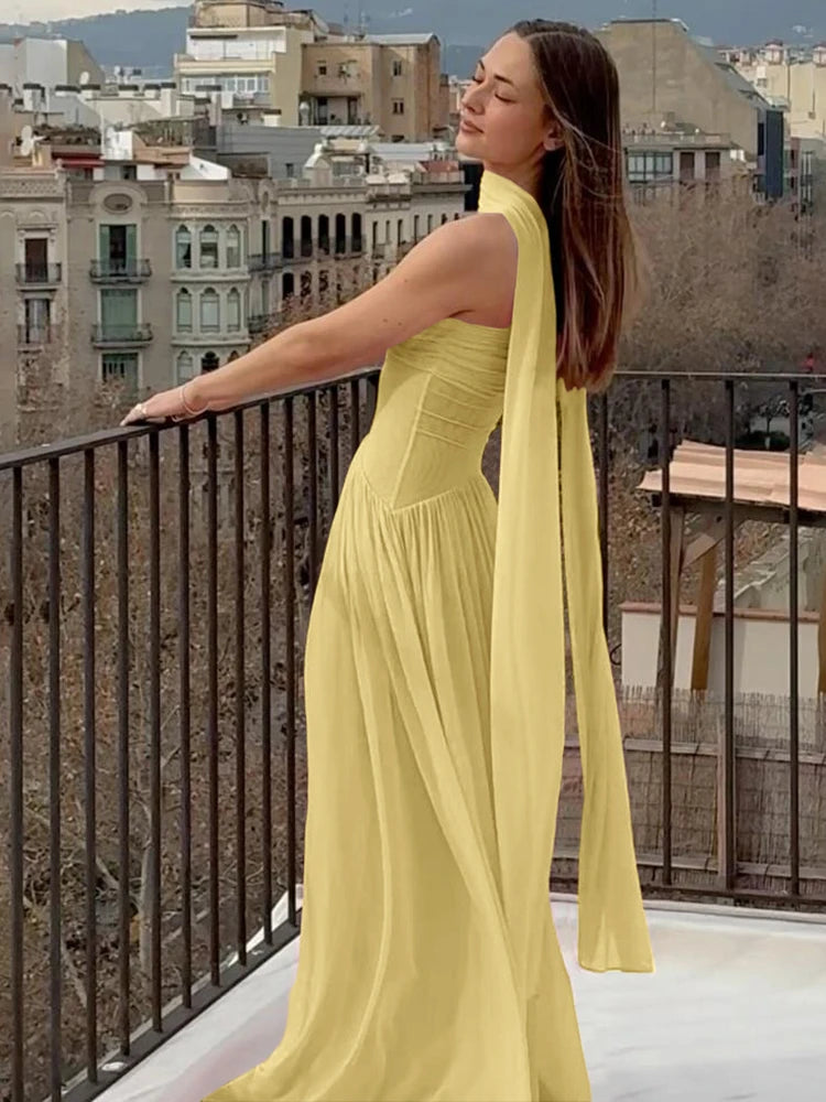 Mesh Shirred Strapless Maxi Dress