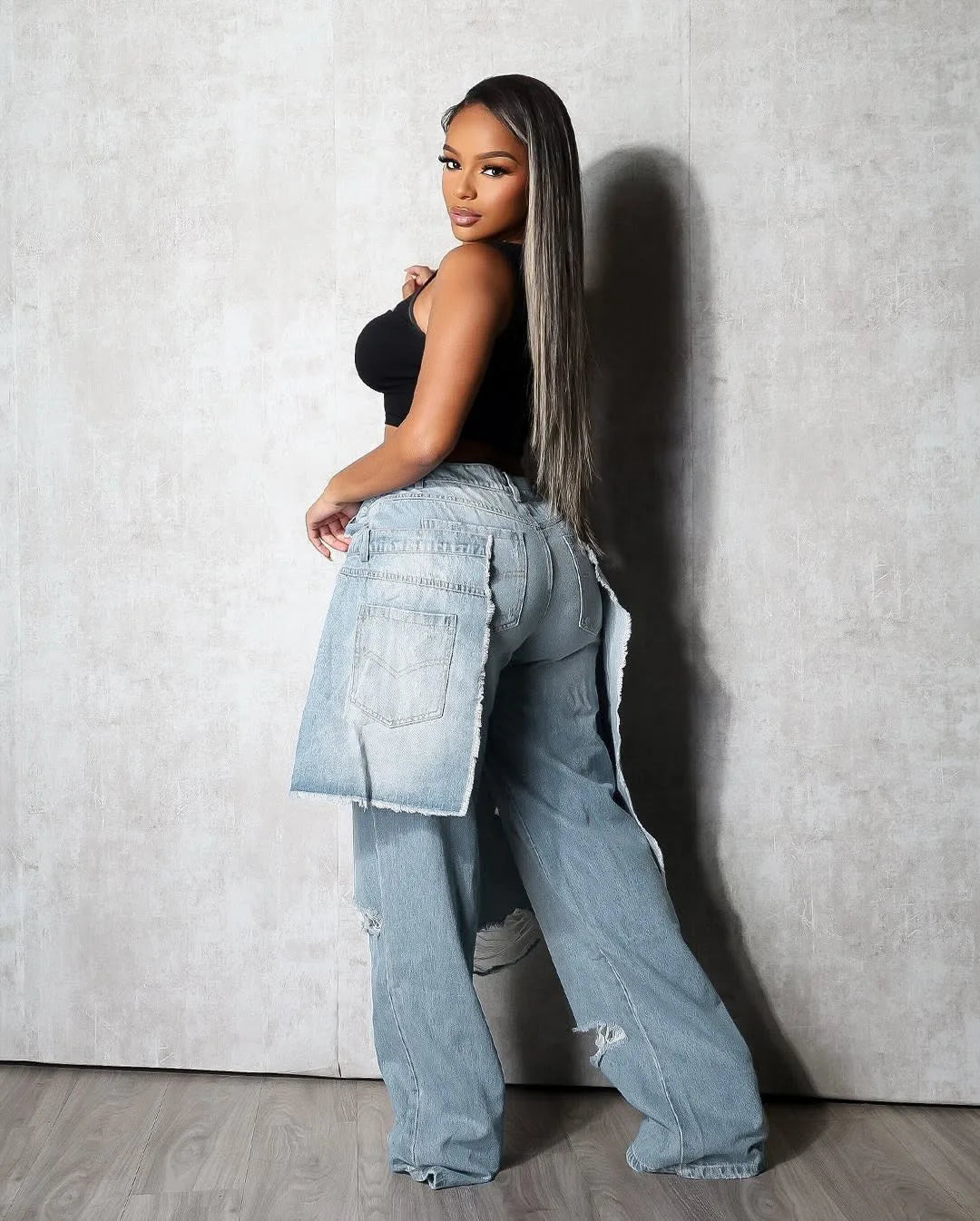 High Waist Ripped Patchwork Straight Cargo Jeans for Women