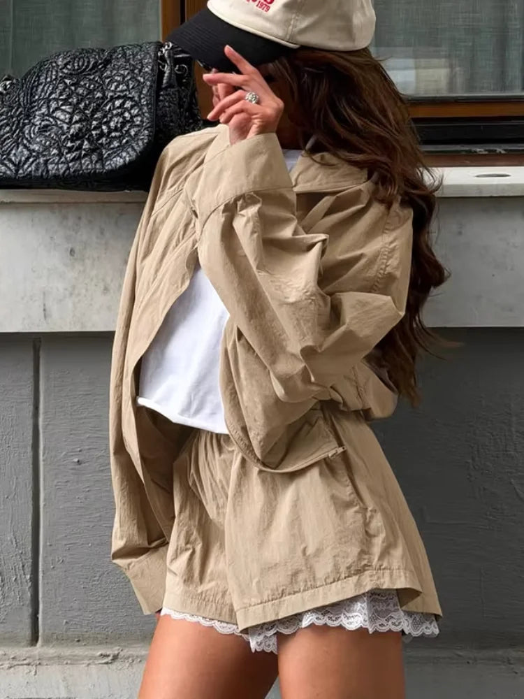 Loose Fit Zip Up Windbreaker Jacket and Shorts Set for Women