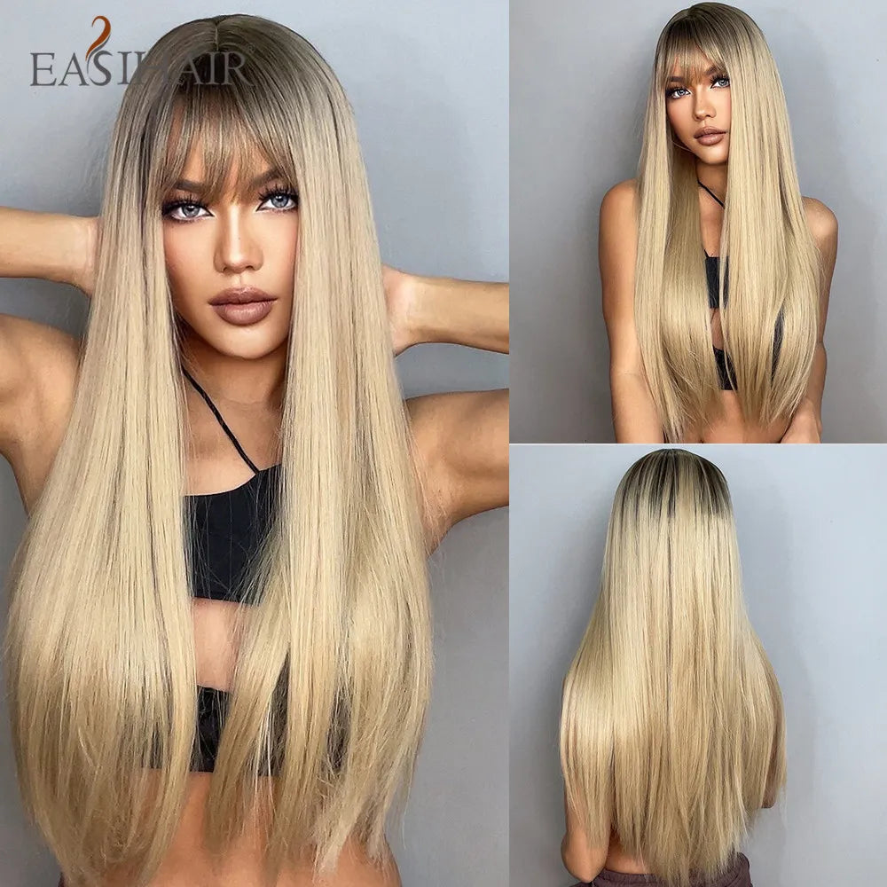 Heat Resistant Long Straight Ombre Bangs Wig for Women