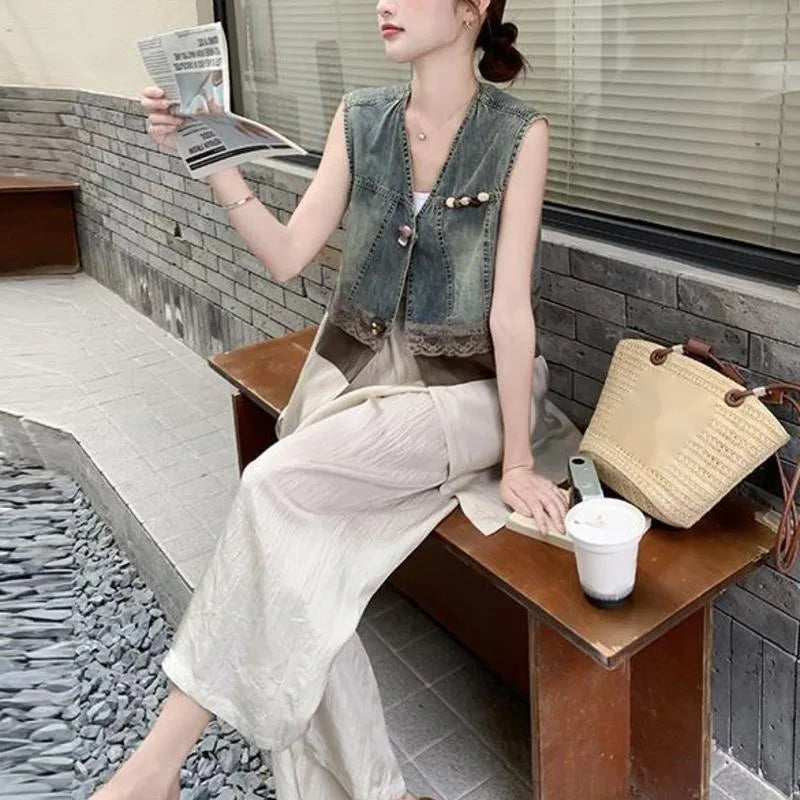 ANJY Summer New Women's High Street Fashion Unique Design Denim Patchwork Contrast Color Button Vest Casual Wide Leg Pants A7944