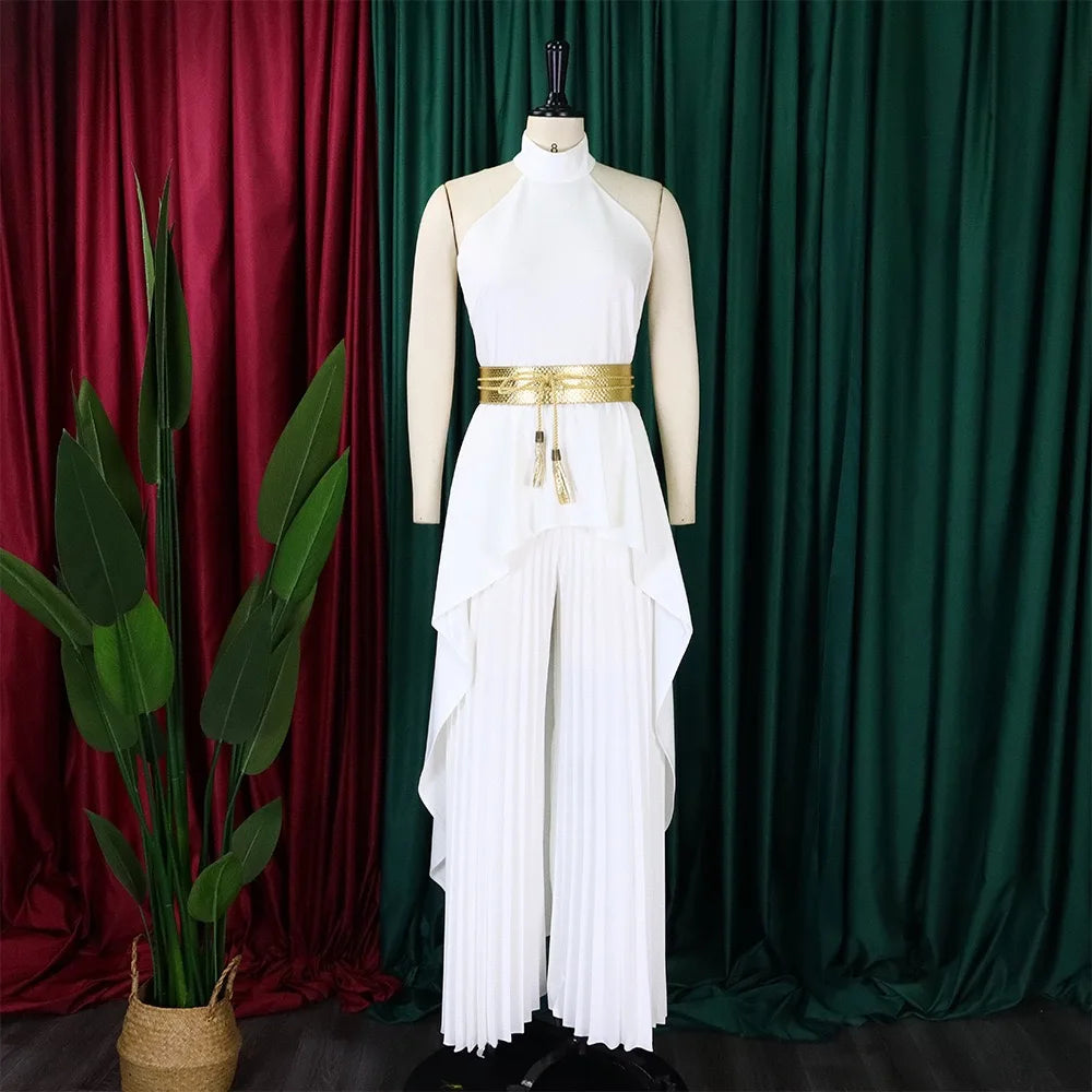 2 Pieces Pants Sets Womens Outfits Blouse Extra Long Sleeveless Backless Belt Waisted & Wide Leg Pants Pleated Floor Length Sets