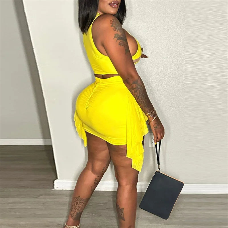 Sexy Mesh See-through Patchwork 2 Piece Sets Women Outfit Festival Clothing Tank Crop Top and Mini Skirt Set Night Club Outfits