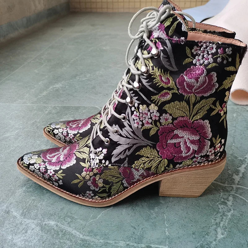 Blue Embroidered Flower Chinese Style Ankle Boots For Women