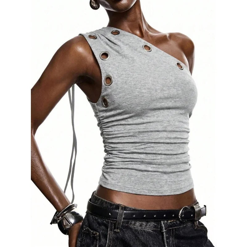 One Shoulder Crop Top with Metal Eyelets for Women