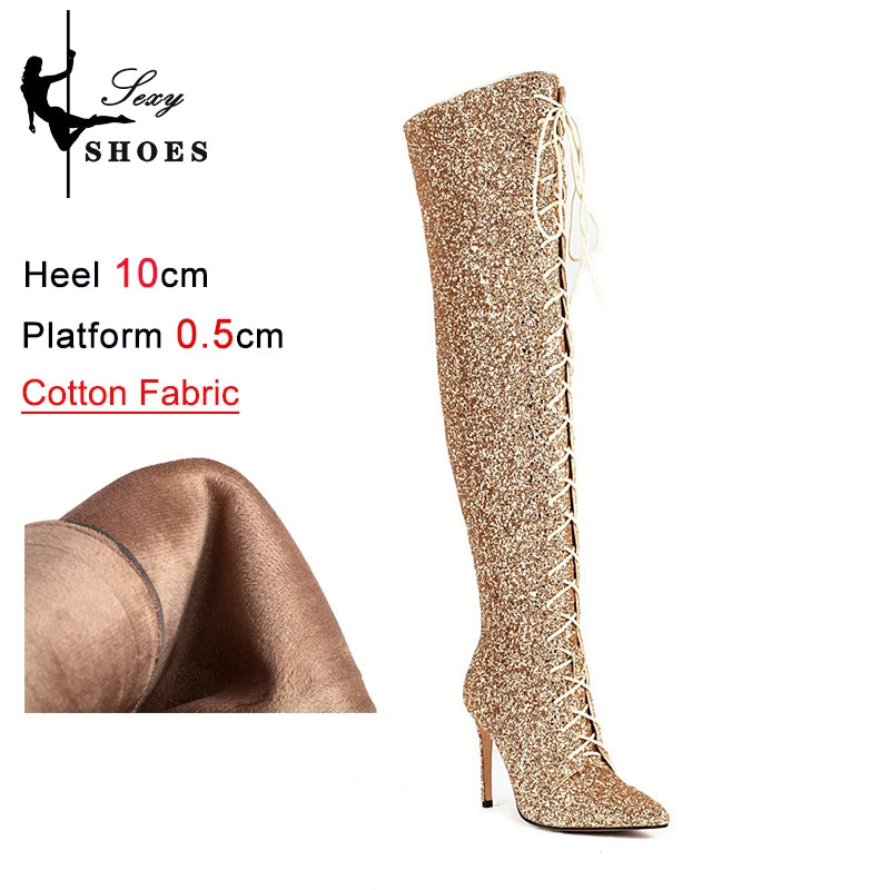 Shiny Sequined Over The Knee High Heel Boots for Women