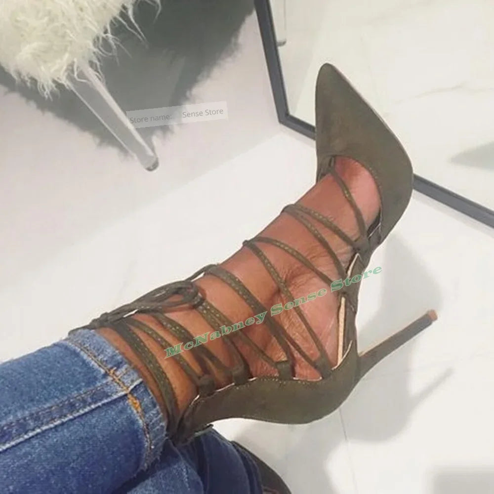 Lace Up Cross Tie Suede Pointed Heeled Sandals For Women