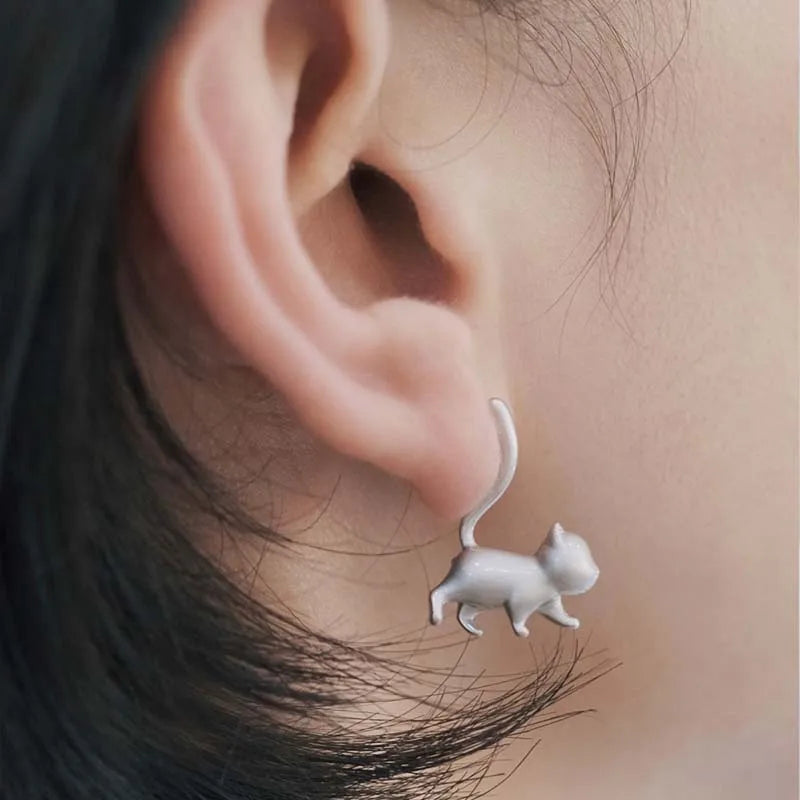 Silver Tone Cat Stud Earrings