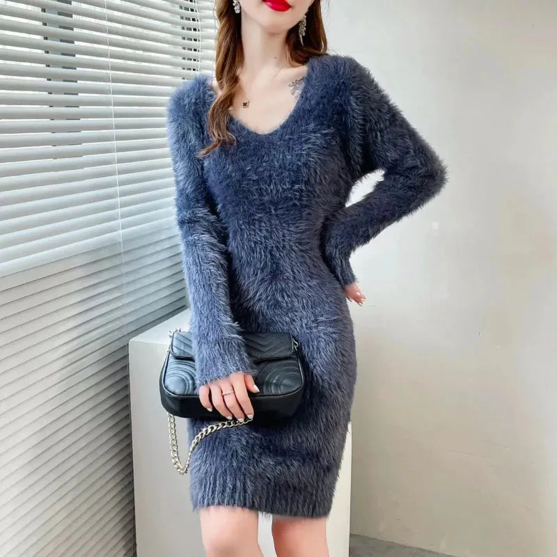 Cozy Faux Mink Knit Sweater Dress
